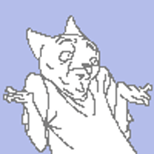 a pixel art drawing of a cat with a question mark above it 's head