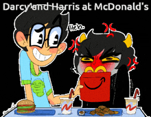 a cartoon of darcy and harris at mcdonald 's with hamburgers and drinks