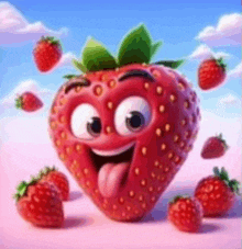 a cartoon strawberry with big eyes and a tongue sticking out is surrounded by strawberries .