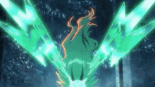 a person with green wings is surrounded by green lightning bolts