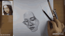 a drawing of a woman with glasses and a hat is made by animatica