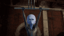 a cartoon character with spikes on his arms is hanging upside down