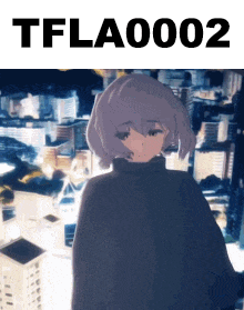 a girl with purple hair is standing in front of a city with the words tfla0002 above her