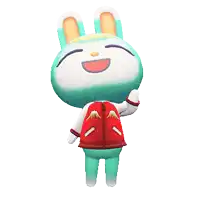 a blue and white bunny wearing a red jacket