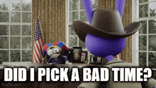 a cartoon character wearing a cowboy hat is sitting at a desk in front of a jester .