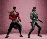 a man in a red jacket and a man in a gray suit are dancing together