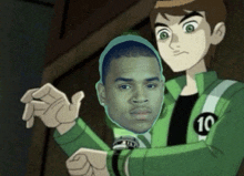 a cartoon character wearing a green jacket with the number 10 on the sleeve
