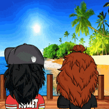 a cartoon drawing of two people looking at a beach with one wearing a shirt that says bullet