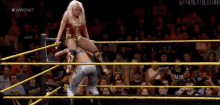 two wrestlers are in a wrestling ring with a crowd in the stands watching