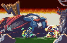 a pixel art of a robot fighting another robot in a field