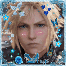 a picture of a man with flowers and butterflies and the words hugs