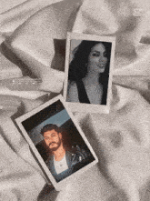 two polaroid pictures of a man and a woman on a bed