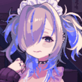 a pixel art drawing of a girl with purple and blue hair
