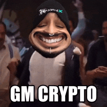 a caricature of a man with the words gm crypto written on the bottom
