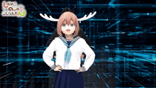 a girl with antlers on her head stands in front of a blue background with chinese writing