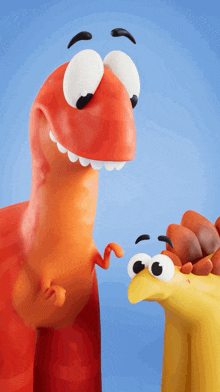 a cartoon of a red dinosaur and a yellow dinosaur with big eyes