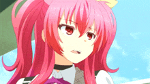 a girl with pink hair is making a face