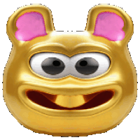 a gold smiley face with pink ears and a big smile