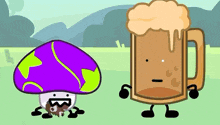 a cartoon mushroom and a mug of beer are standing next to each other in a field .
