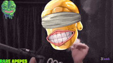 a cartoon drawing of a blindfolded face with the words rare apepes on the bottom