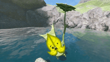 a yellow and green leaf with a face is floating in the water