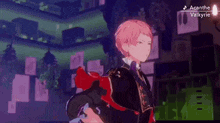 a boy with pink hair is standing in a room in a video game with a purple background .