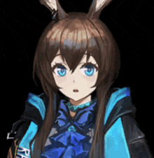 a close up of a girl with bunny ears and a jacket that says r.i.t.