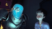 a girl stands next to a robot with a fish in his head