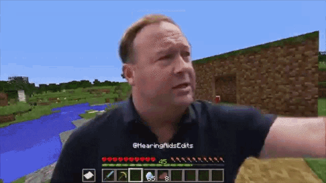 alex_jones scolding a a creeper; chases it then it blows up and he dies: minecraft style