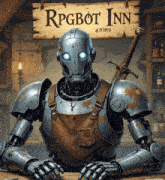 a robot sits at a table in front of a sign for the rpgbot inn