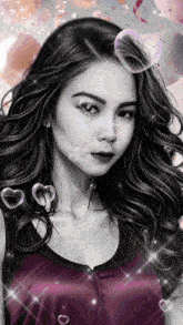 a black and white painting of a woman with balloons and hearts around her