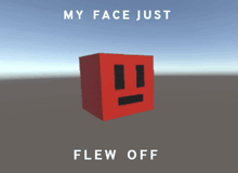 a red cube with the words " my face just flew off " on it