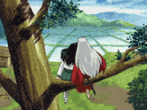 a cartoon character is sitting on a tree branch looking at a field