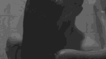 a man and a woman are kissing in a shower in a black and white photo .