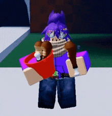 a cartoon character with purple hair and glasses is holding a red cup