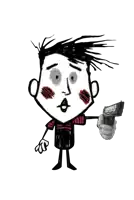 a cartoon character is holding a gun in his left hand