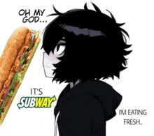 a girl with black hair is standing next to a subway sub sandwich