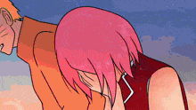 a cartoon of a man and a woman with pink hair standing next to each other