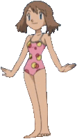 a cartoon girl in a pink swimsuit is standing with her arms outstretched on a white background .