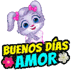 a cartoon rabbit with a pink bow on her head and the words buenos dias amor on the bottom