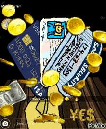 a cartoon of a hand holding a visa card and a security card