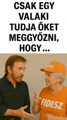 a man and a woman are having a conversation and the woman is wearing a shirt that says fidesz