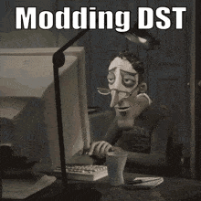 a cartoon character sitting in front of a computer with the words modding dst on the bottom