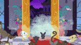 a group of cartoon animals are standing in front of a doorway