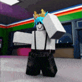 a cartoon character wearing a crown and suspenders
