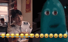 a man in a police uniform sits at a table next to a cartoon character with smiley faces on it