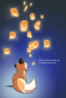 an illustration of a fox looking up at lanterns in the sky