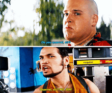 a man with a beard is talking to another man who is talking to a gas pump that says regular on it