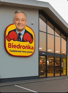 a store front with a sign that says biedronka codziennie lewy prosty