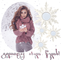 a woman in a pink sweater and scarf is holding a snowflake in front of snowflakes